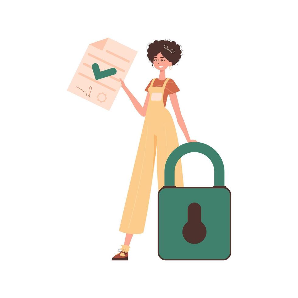 The woman is holding a document in her hand. Data protection concept. Smart contract. Modern trendy style. vector