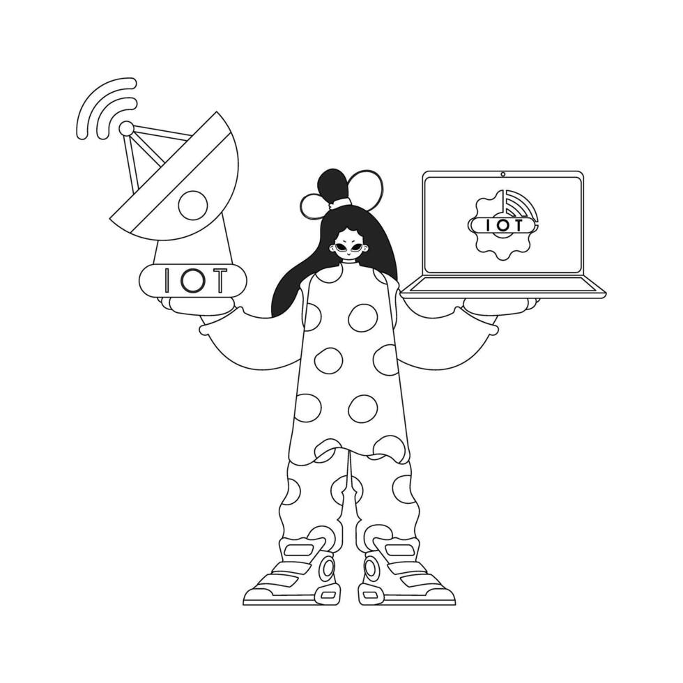 Woman holds antenna and laptop, accessing Internet of Things data with a linear design vector