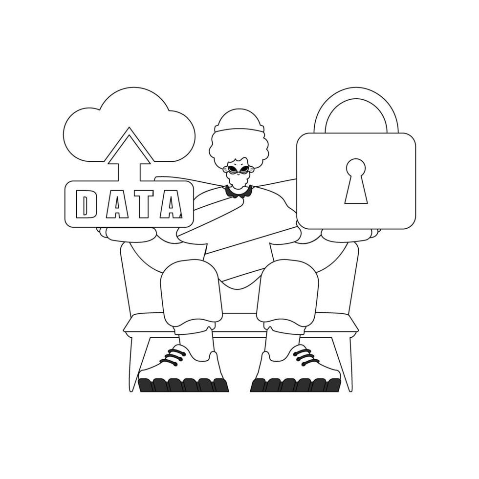 A man sitting on a chair holding a padlock and a data sign vector