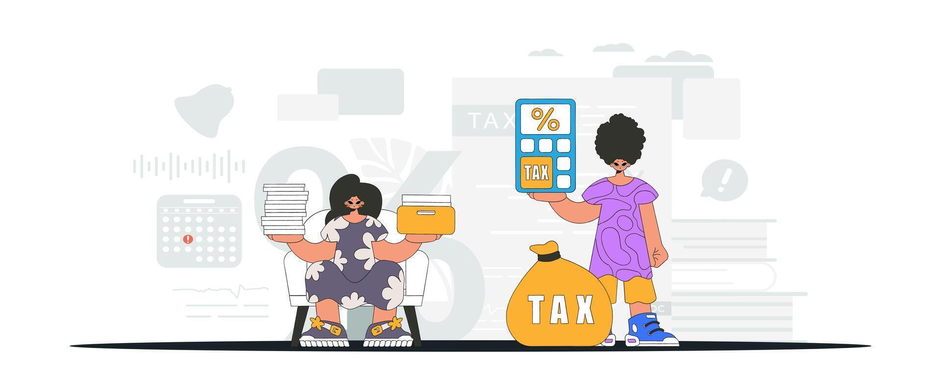 A graceful girl and a guy are engaged in paying taxes. An illustration demonstrating the correct payment of taxes. vector