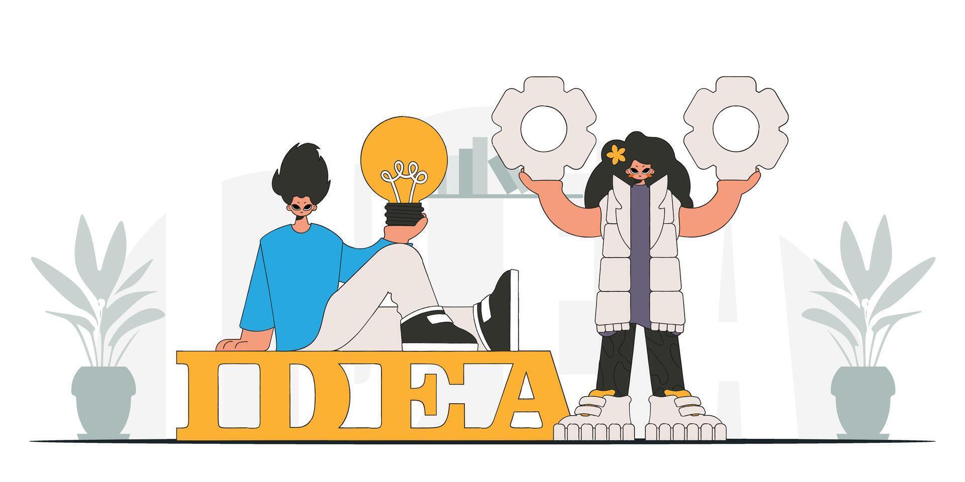 The fashion team solves problems and generates ideas. Light bulb and gears in their hands. Illustration on the theme of the appearance of an idea. vector