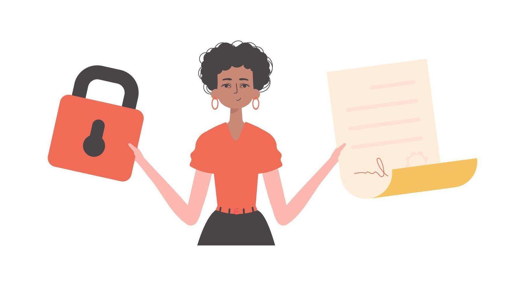 A woman is holding a contract or document. Data protection. Smart contract. Modern trendy style. vector