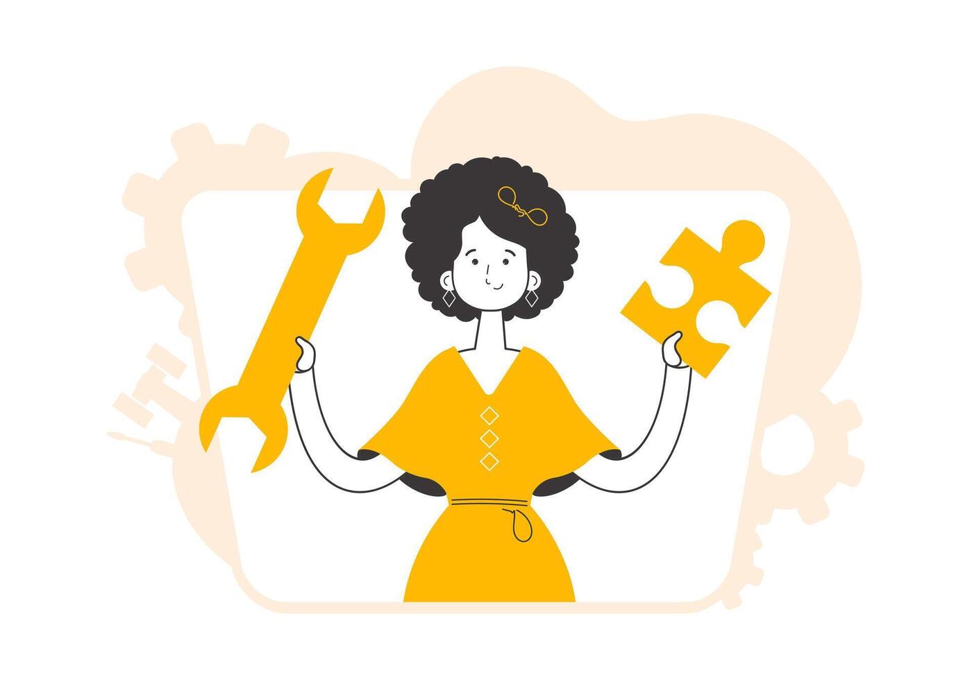 The girl is holding a wrench and a puzzle. Teamwork theme. Linear style. vector