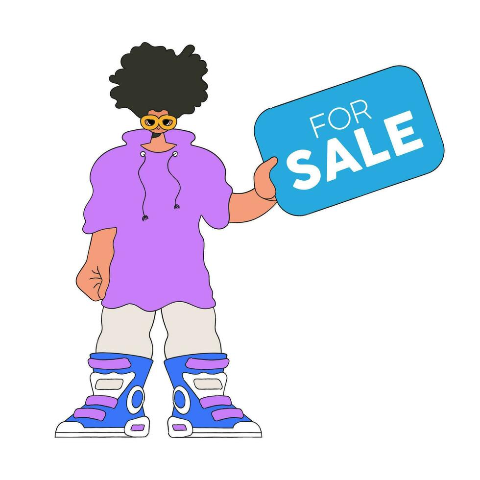 The boy holds a sign For Sale in his hands. Trendy bright style. vector