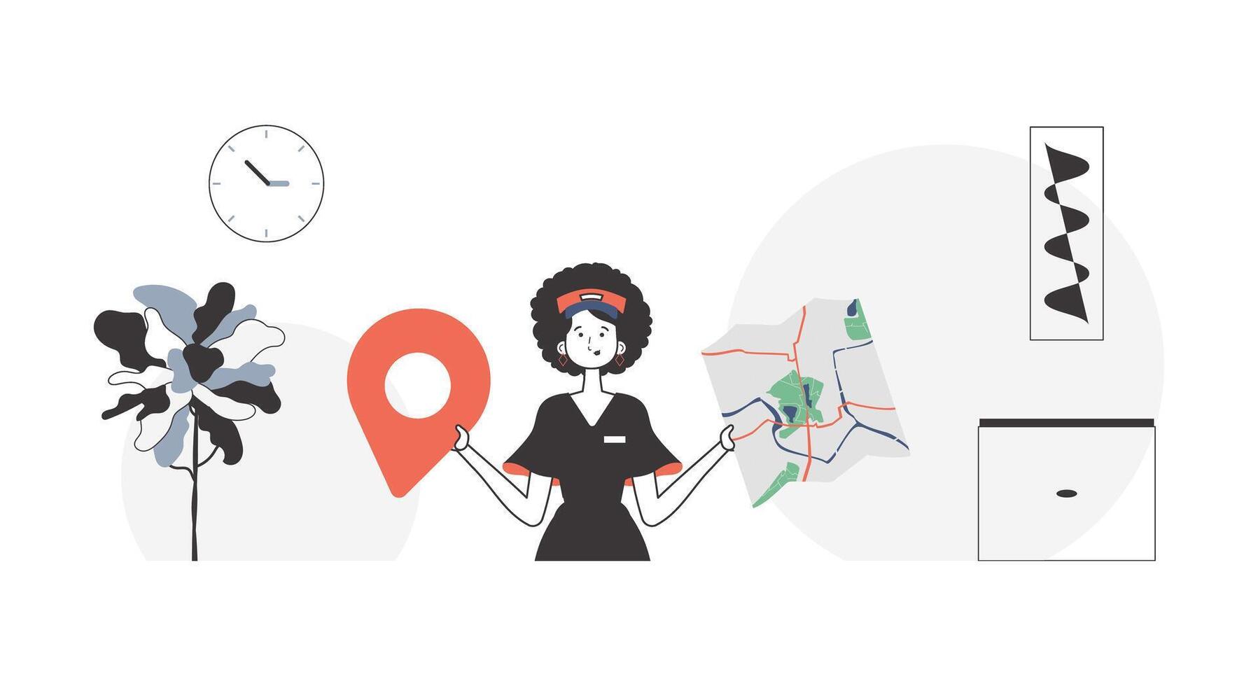 A woman with a map in her hands. Delivery concept. Linear modern style. vector