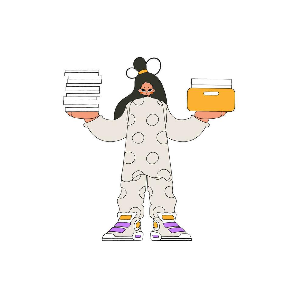 A combed woman holds a pile of documents in her hands. vector