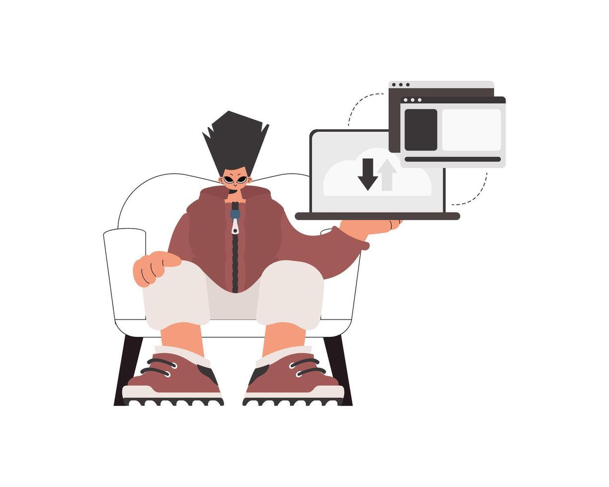 A man sitting on a chair with a laptop vector