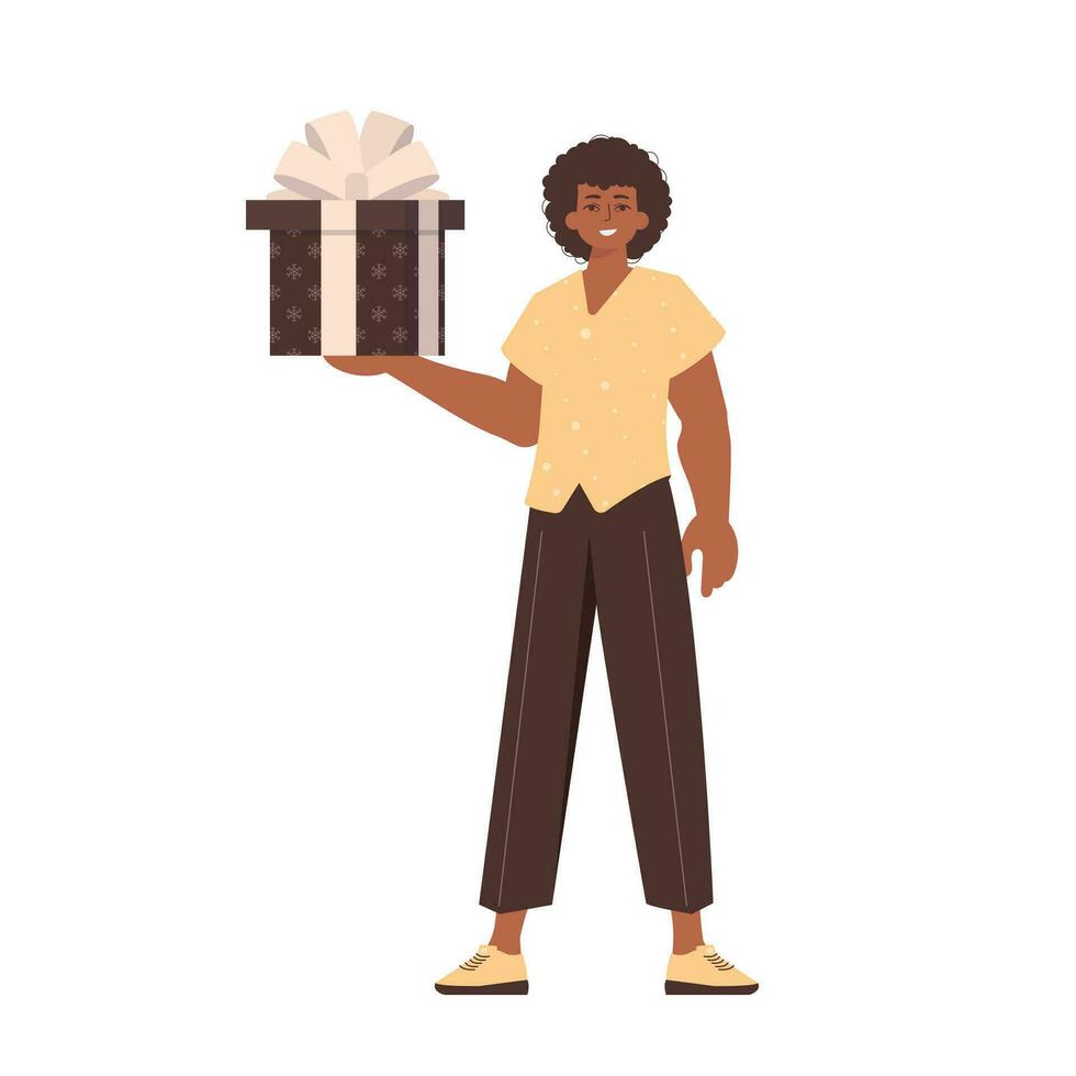 A man holds a festive gift box in his hands. Modern style. Vector. vector