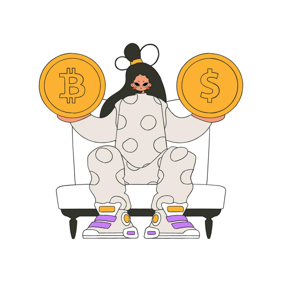 un mujer sostiene un dólar y bitcoin moneda en su manos. personaje de moda retro estilo. vector