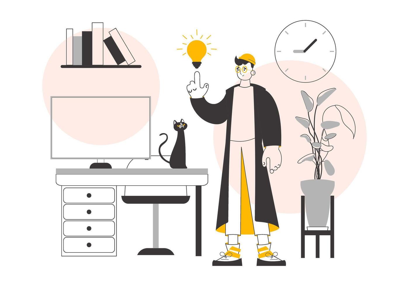 Guy and light bulb. Idea concept. Vector illustration. Line art style.