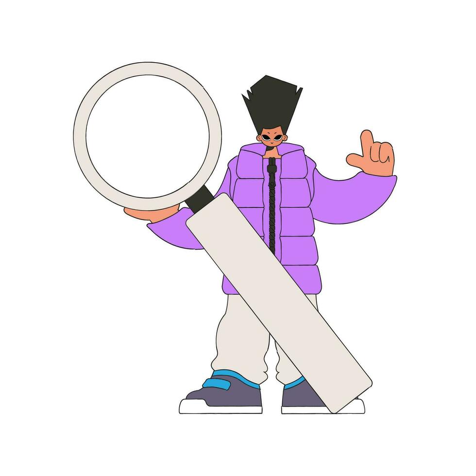 The man is holding a magnifying glass. Search for information. Retro style character. vector