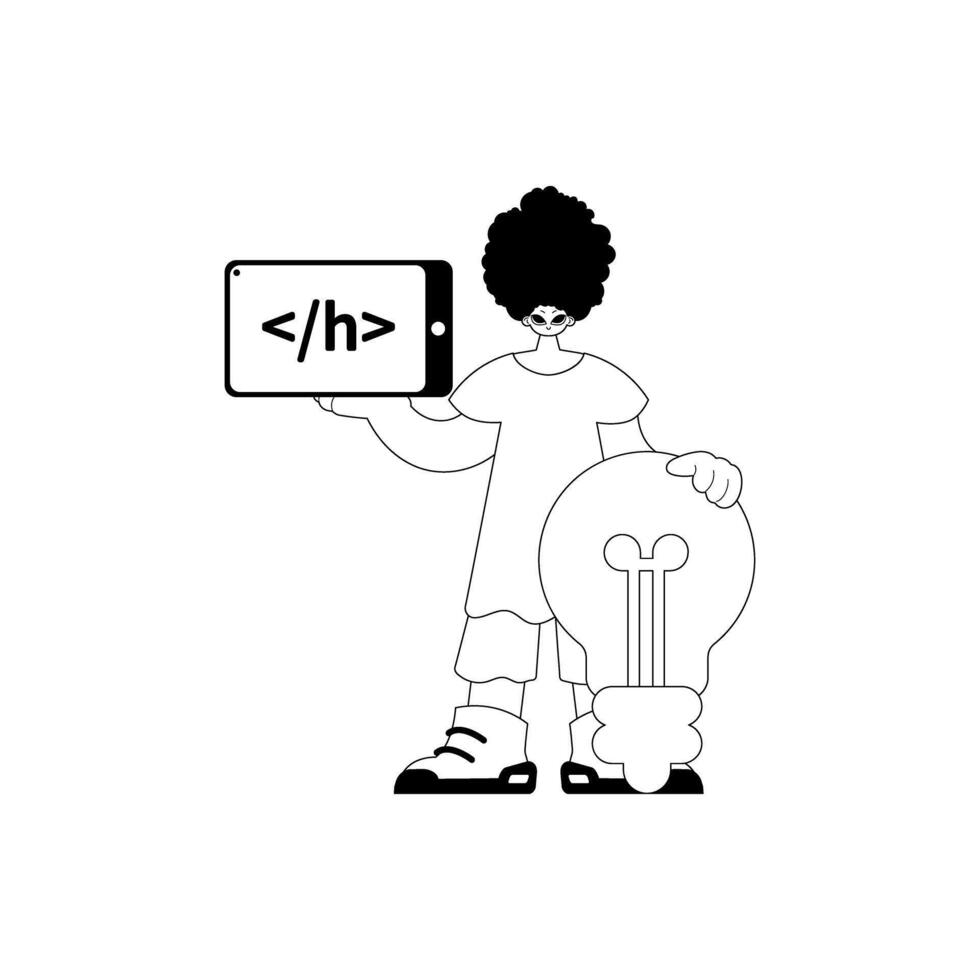 A cartoon character holding a light bulb and a computer vector