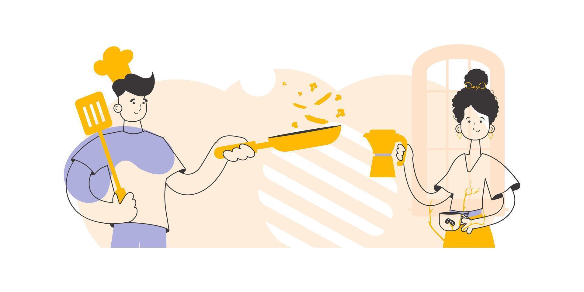 Cafe or restaurant workers. Chef and barista. Linear style. Vector. vector