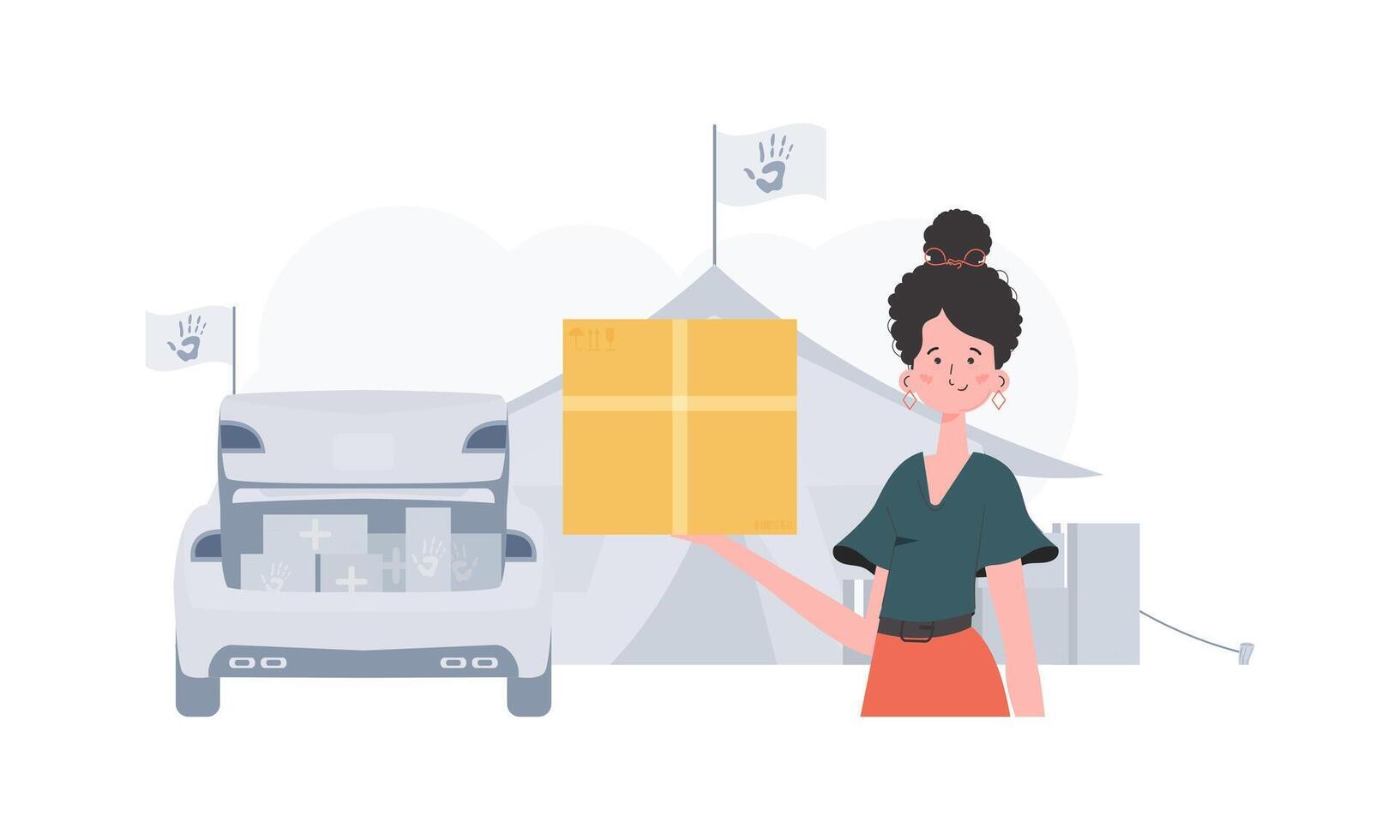 The woman is holding a box. The theme of humanitarian aid. illustration. vector