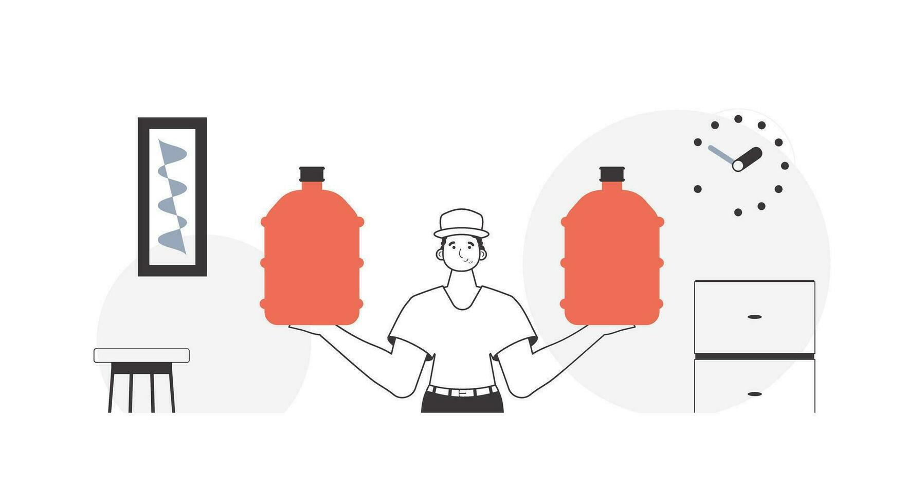A man with a large bottle of water in his hands. Water delivery concept. Linear style. vector
