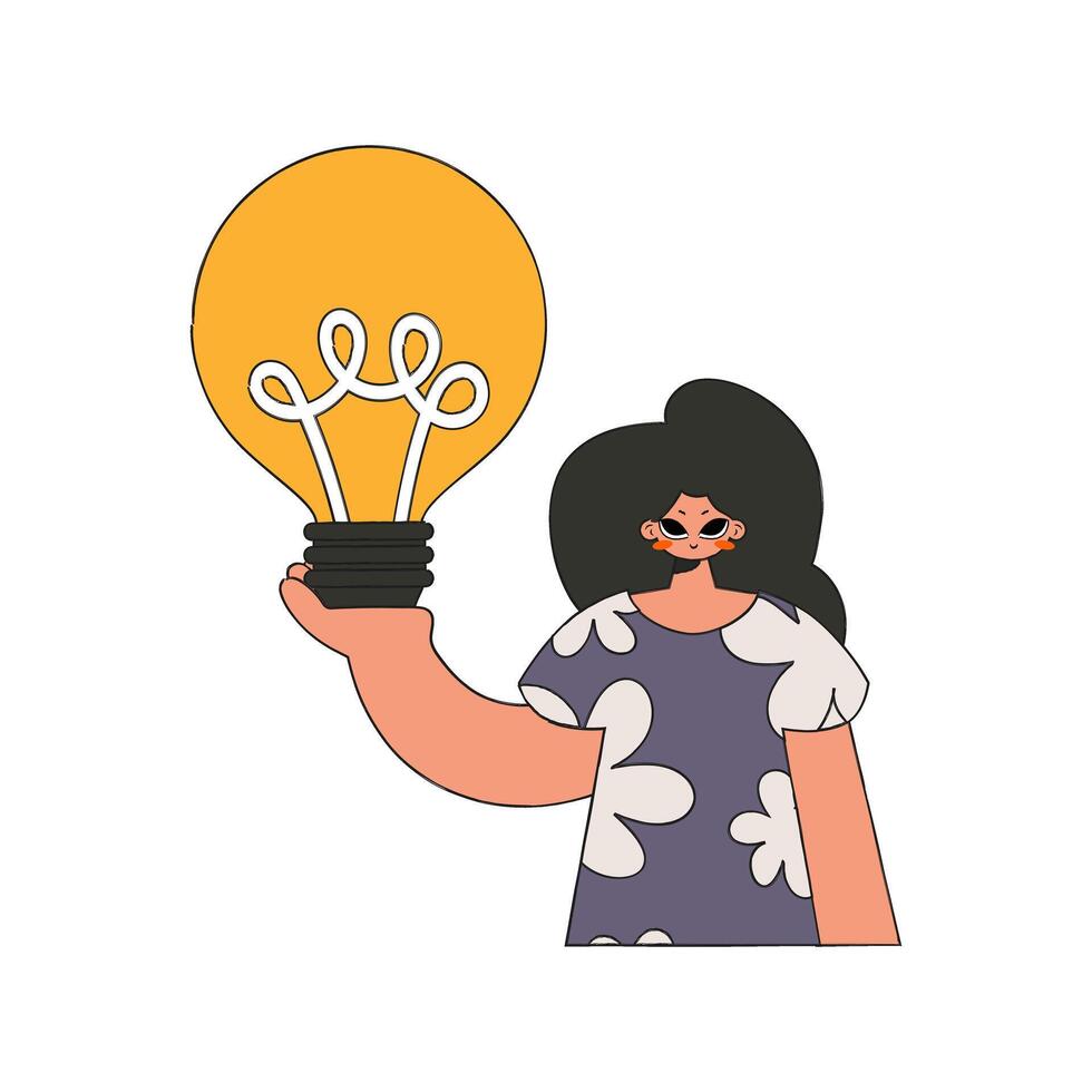 An elegant woman holds a light bulb in her hands. Idea theme. vector