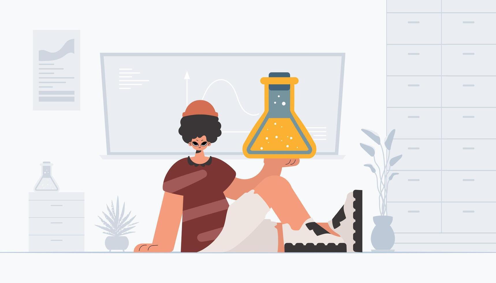 Person holding chemical carafe, learning subject. Trendy style, Illustration vector