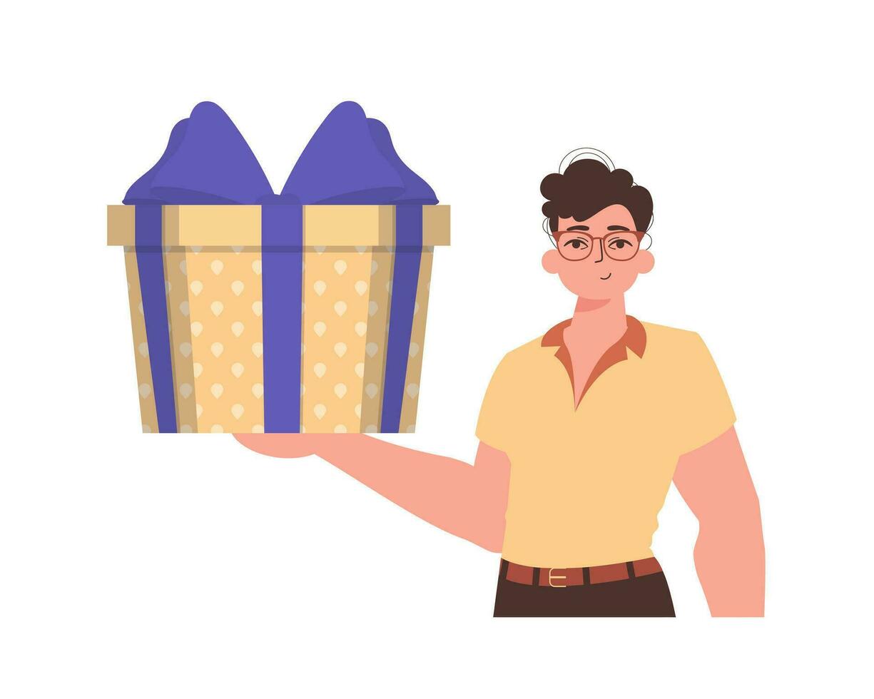 A man is holding a gift box. Modern flat colorful vector illustration.