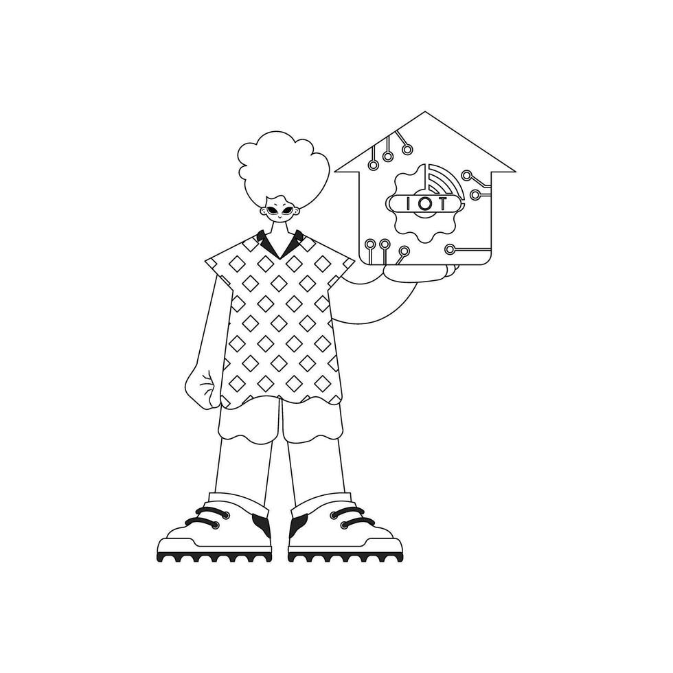 Man clasping IoT insignia in linear design vector