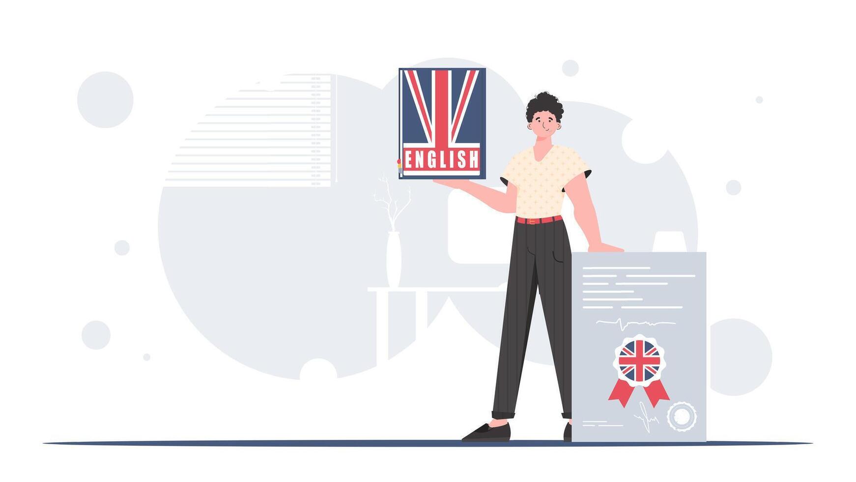 The concept of learning English. A man holds an English dictionary and a certificate in his hands. Trendy cartoon style. Vector. vector