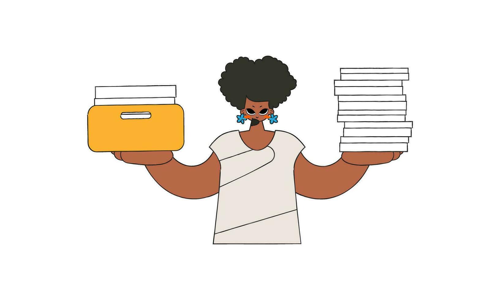 Trendy woman holds stacks of documents in her hands. vector