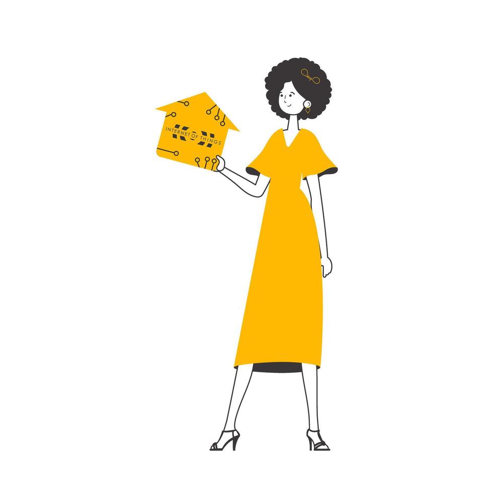 The girl is holding the IOT logo in her hands. Linear style. Isolated on white background. illustration. vector