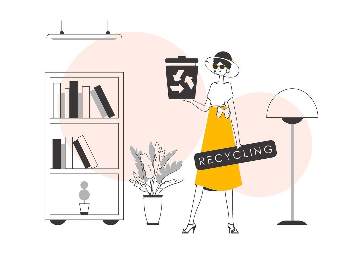 The girl is holding a trash can. Waste recycling concept. Linear trendy style. vector