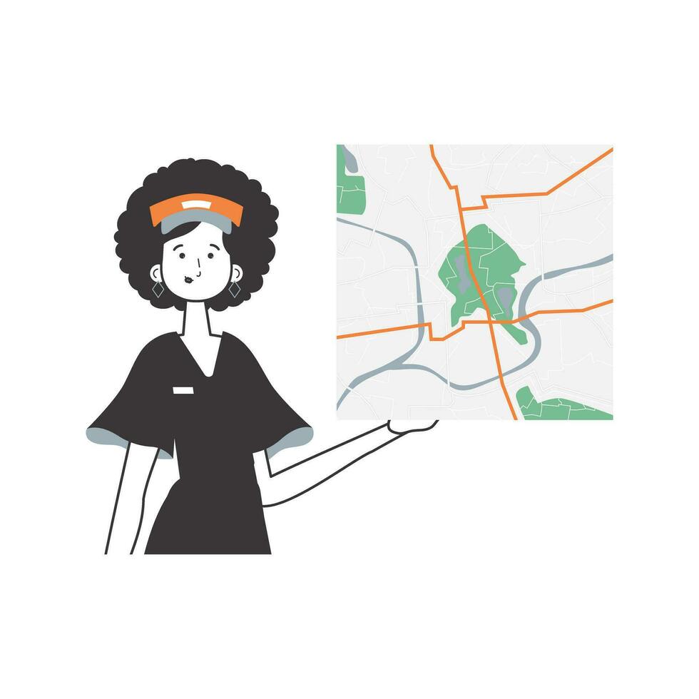 un mujer con un mapa en su manos. entrega concepto. lineal estilo. aislado, vector ilustración.