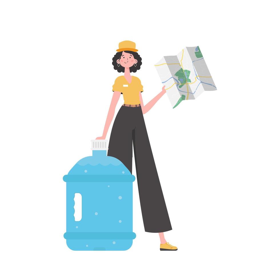 Girl water delivery operator holding a map. The character is depicted in full growth. Isolated. Vector illustration.