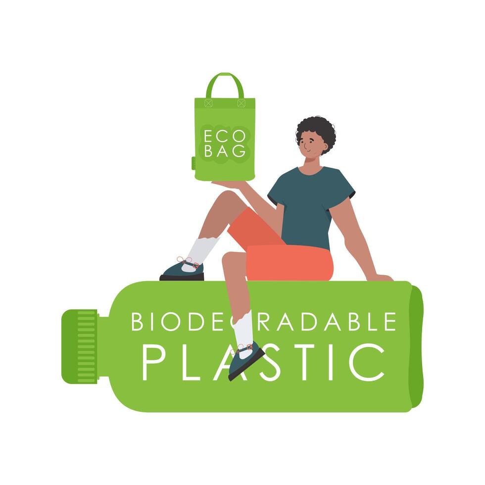 A man sits on a bottle made of biodegradable plastic and holds an ECO BAG in his hands. Concept of green world and ecology. Isolated on white background. Trend style.Vector illustration. vector