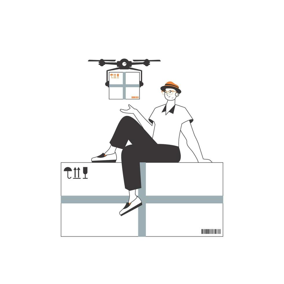 A man delivers a package by drone. Air delivery concept. Linear trendy style. Isolated on white background. Vector illustration.