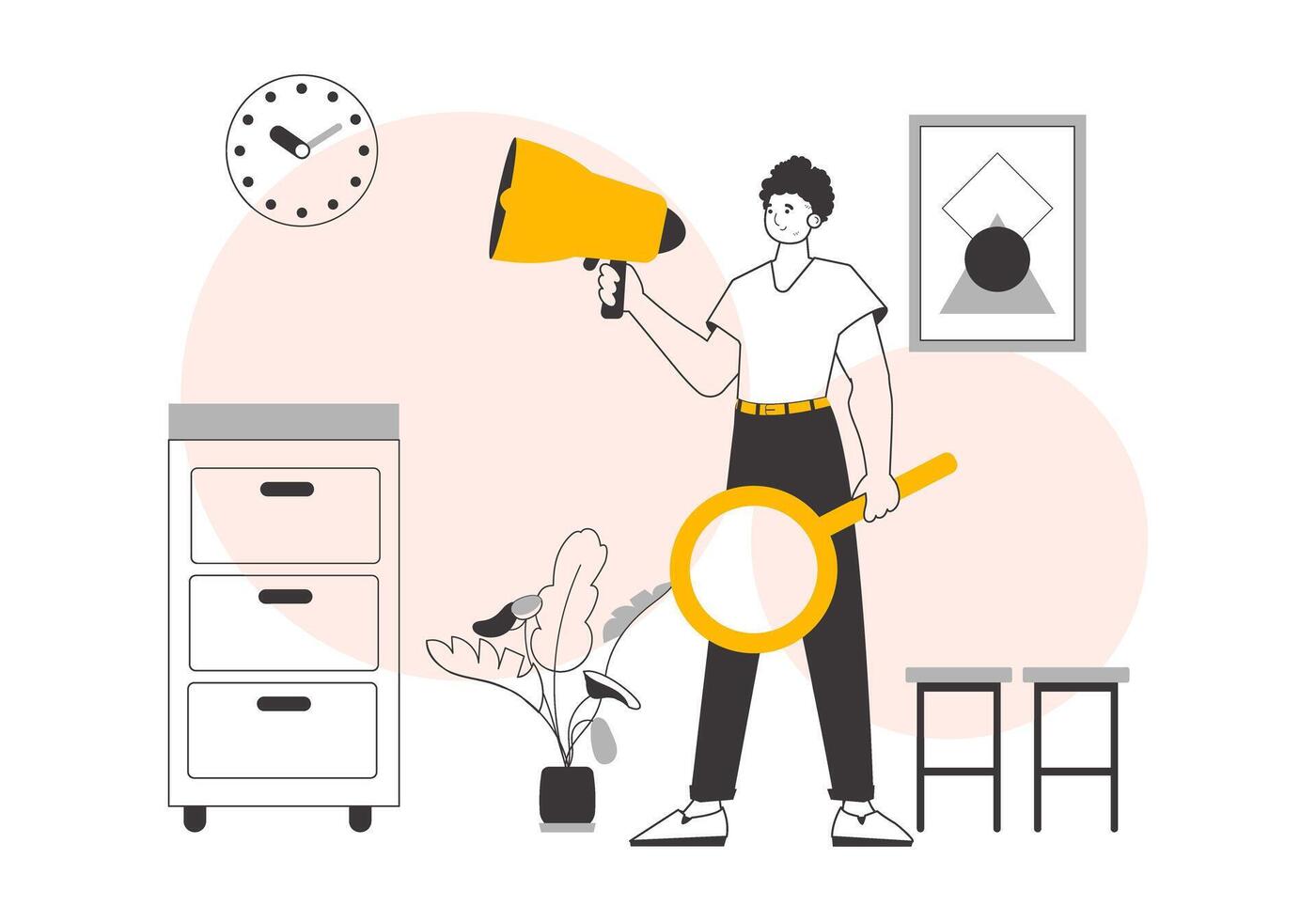 The guy is holding a bullhorn in his hands. Minimalistic linear style. Vector illustration.