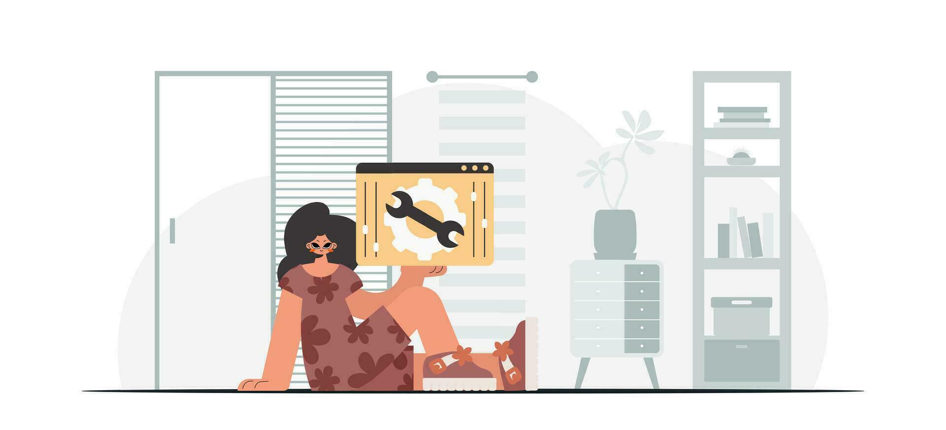 The energized woman is holding a browser window with gears. SEO and web analyzing point. Trendy style, Vector Illustration