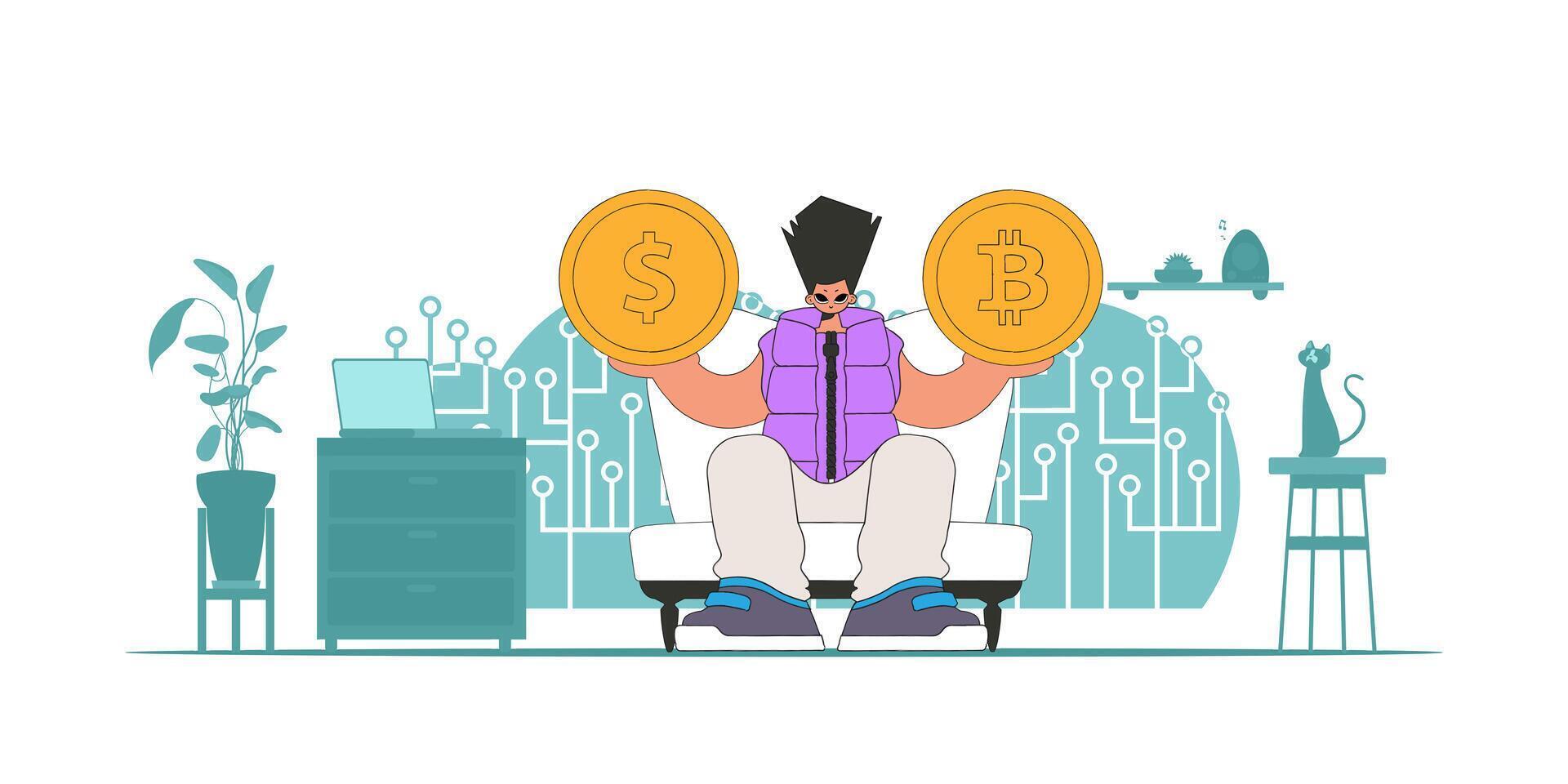 A man is holding a dollar and bitcoin coin. Cryptocurrency theme. vector