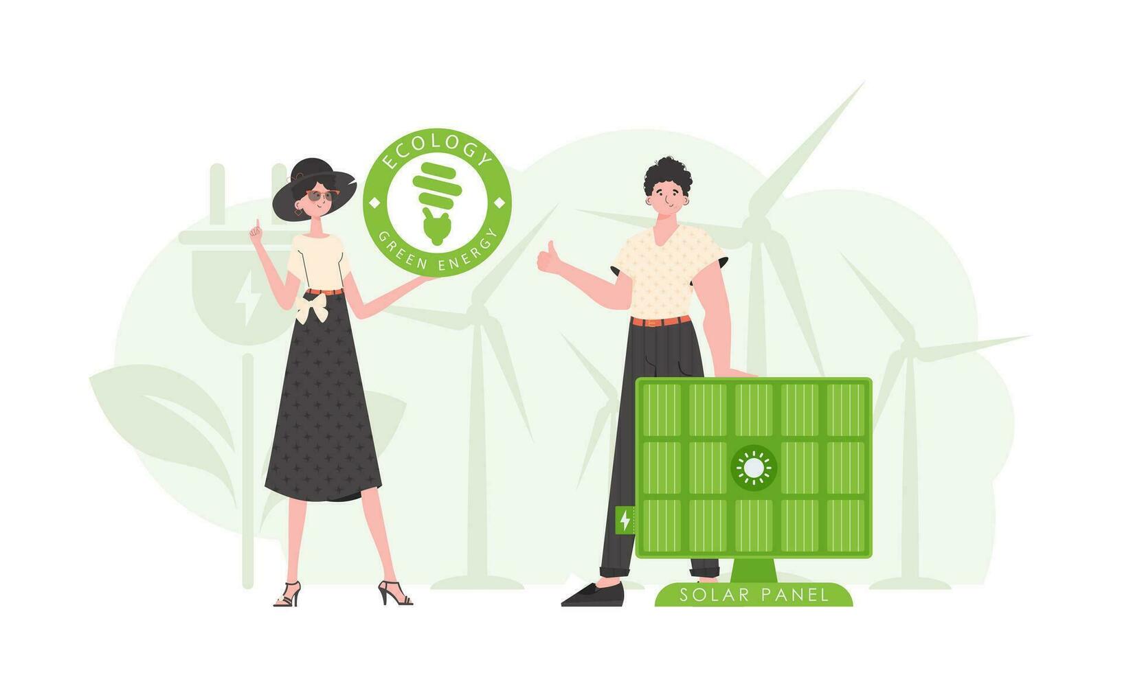 Man and woman and solar panel. Green energy concept. Vector illustration.