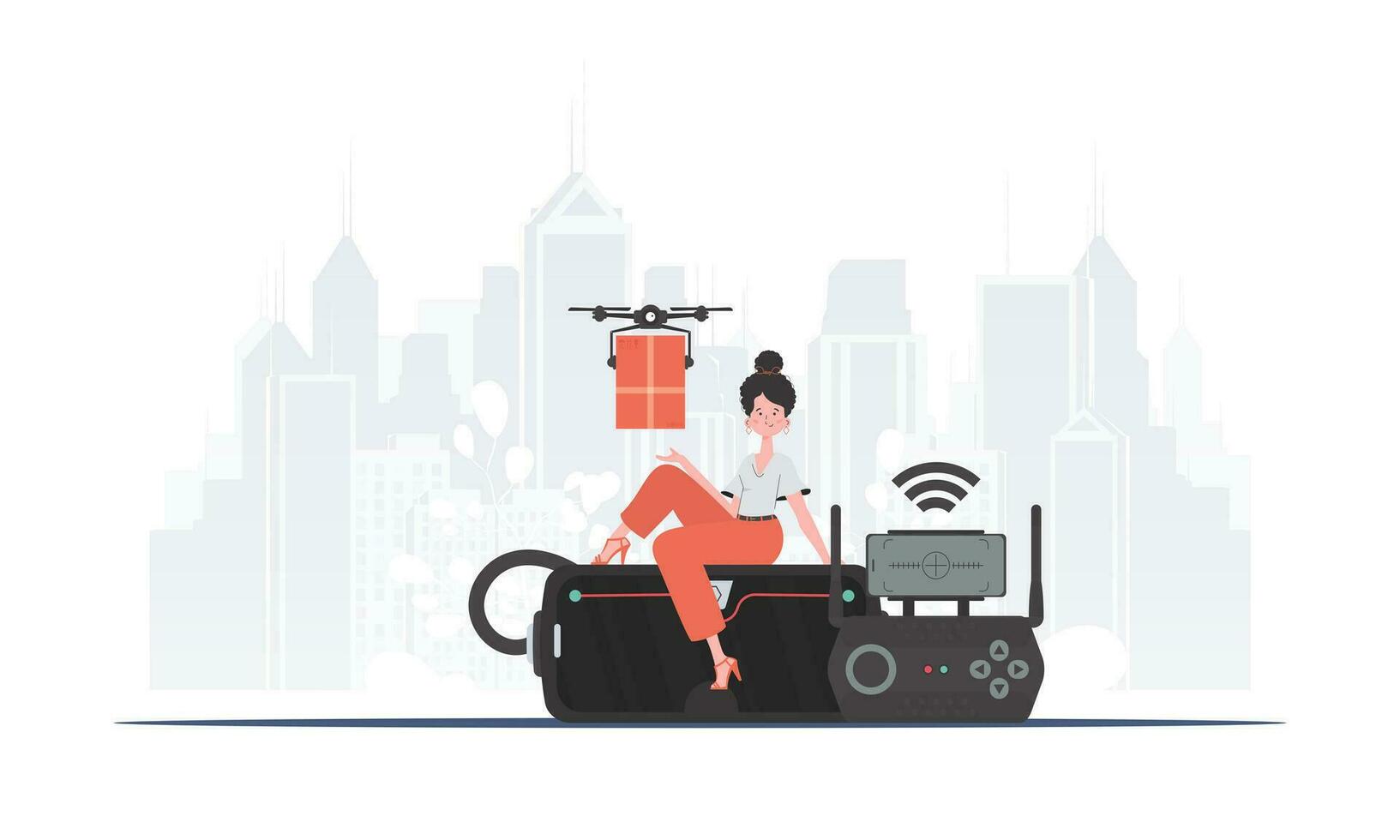 A woman controls a drone with a parcel. The concept of cargo delivery by air. Flat modern design. Vector. vector