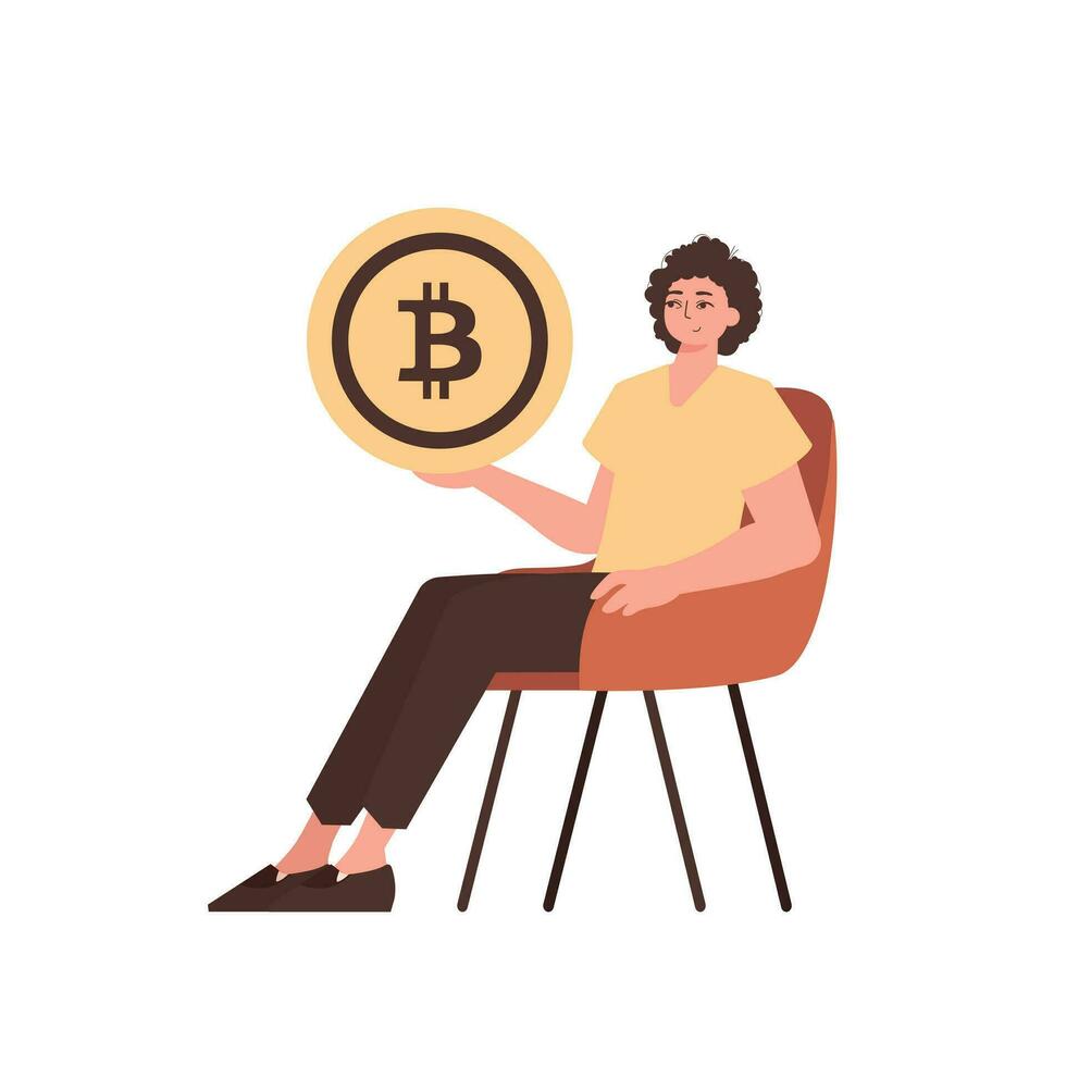 el chico se sienta en un silla y sostiene un bitcoin en su manos. personaje con un moderno estilo. vector