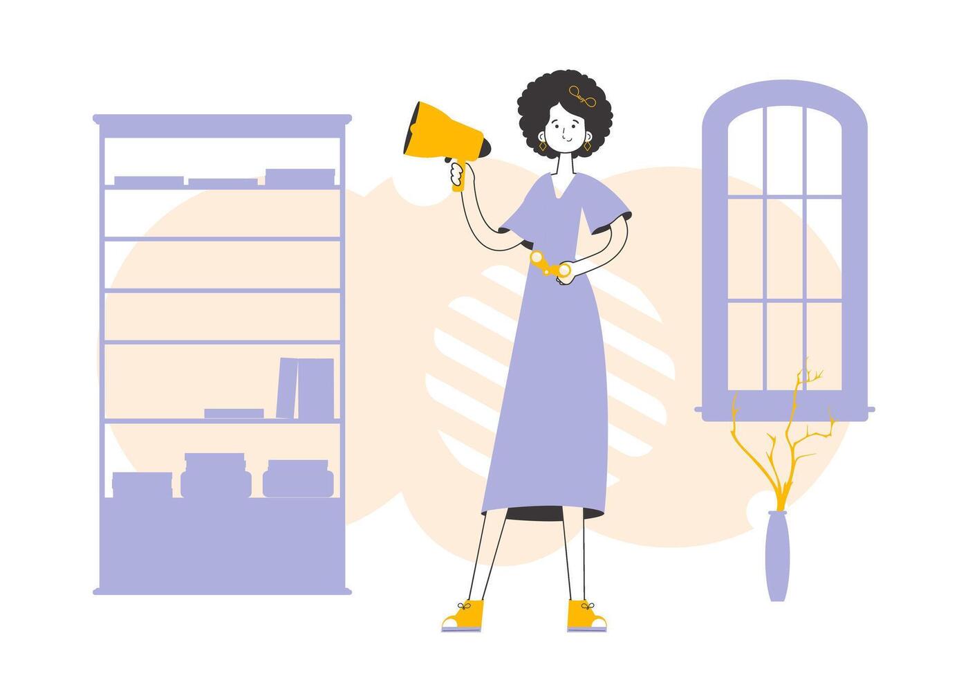 The girl is holding a bullhorn and binoculars in her hands. Job Search Theme. H.R. Linear style. vector