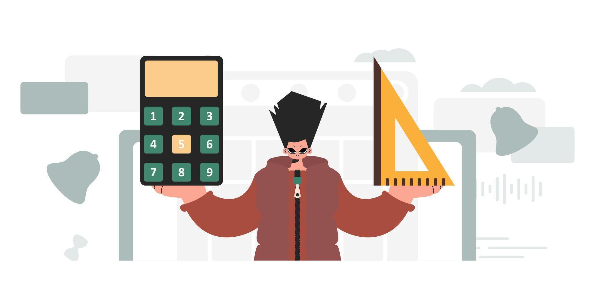 The individual is holding a ruler and a calculator, learning subject. Trendy style, Illustration vector