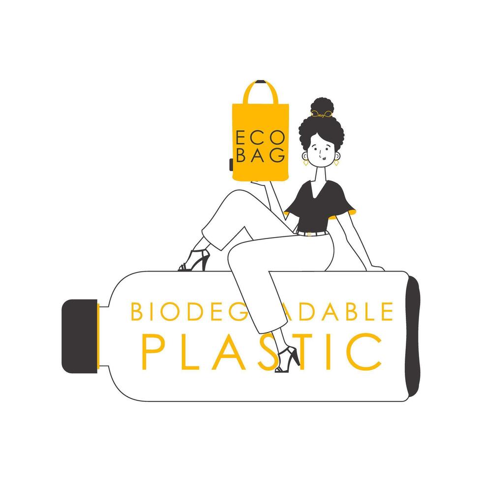 The girl is holding an eco-package in her hands. The concept of ecological bags and plastic. Lineart trendy style. Isolated on white background. illustration. vector