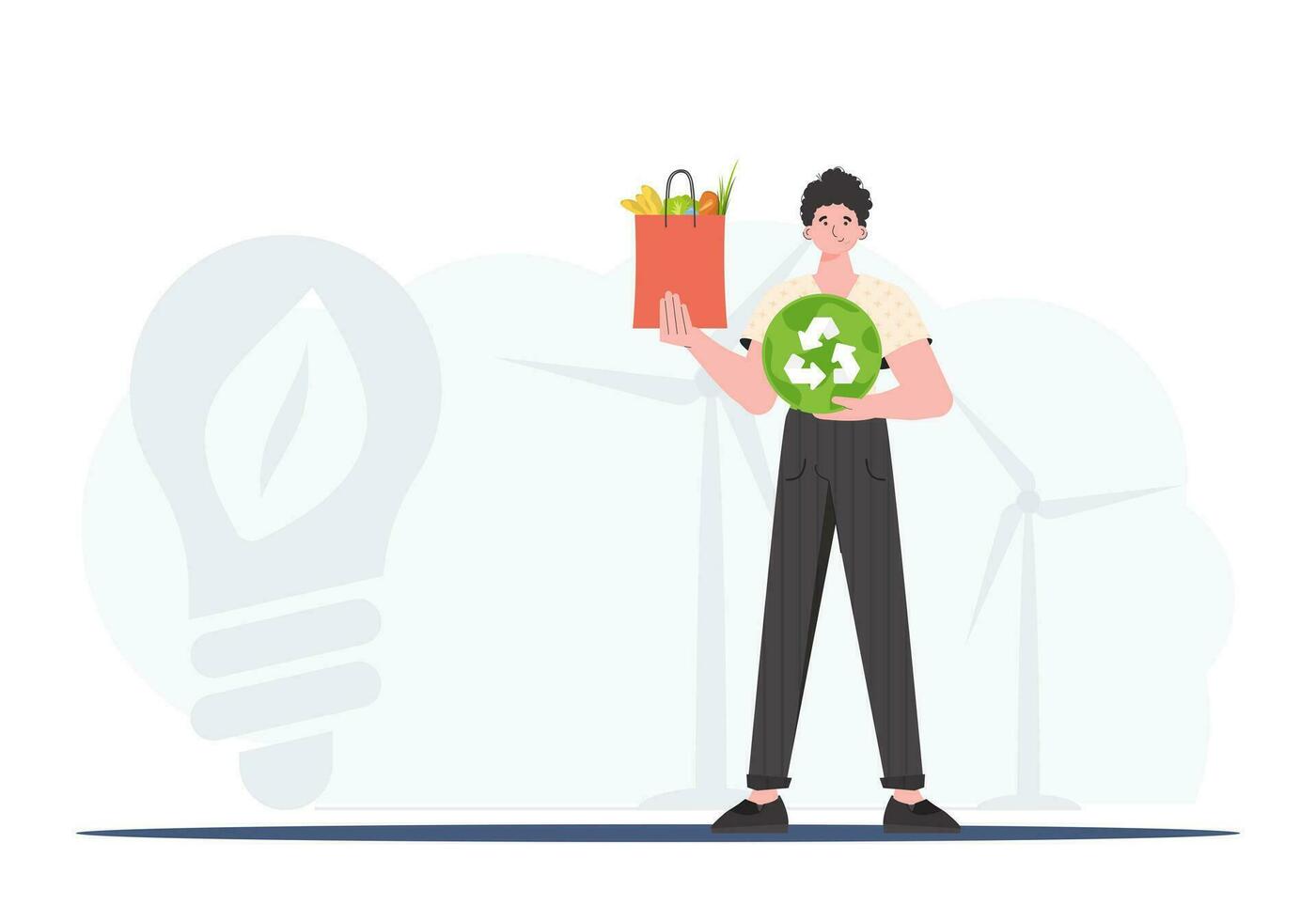 A full-length man is shown holding an EKO icon and a package of proper nutrition. The concept of ecology, zero waste and healthy eating. Trend style, vector illustration.