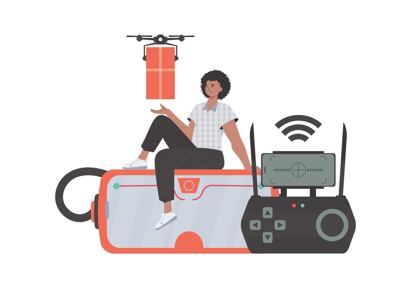 The concept of cargo delivery by air. A man controls a drone with a package. Isolated. . vector