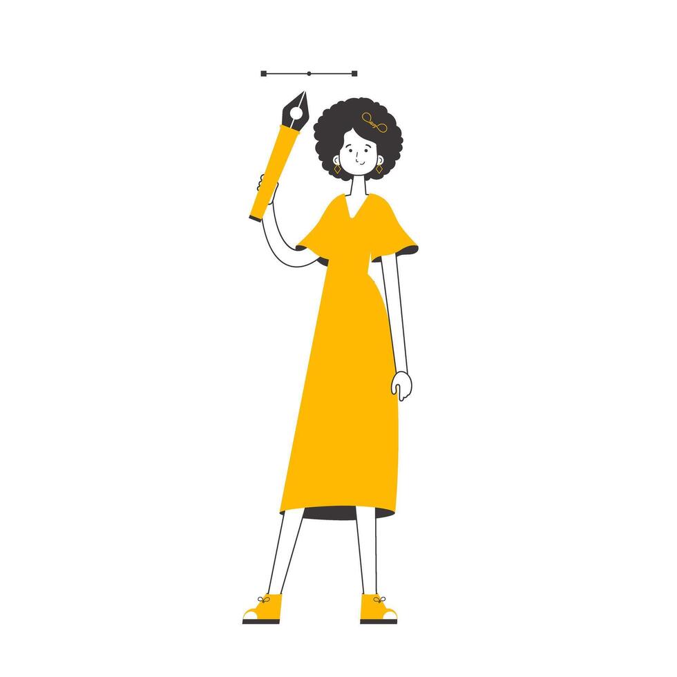 The girl designer holds a pen tool for 2D graphics in her hand. Line art style. Isolated on white background. Vector illustration.