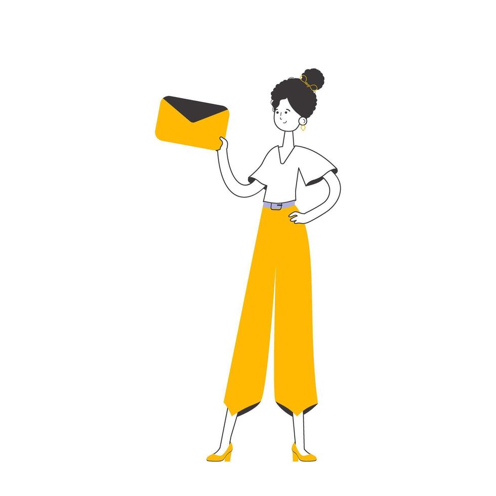 The girl is holding an envelope or a letter in her hands. Line art style. Isolated on white background. . vector