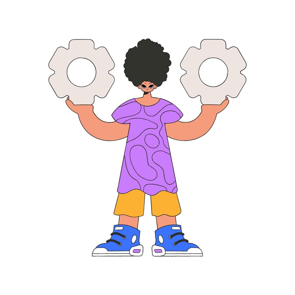 Sophisticated Guy holds gears in his hands. Idea theme. vector