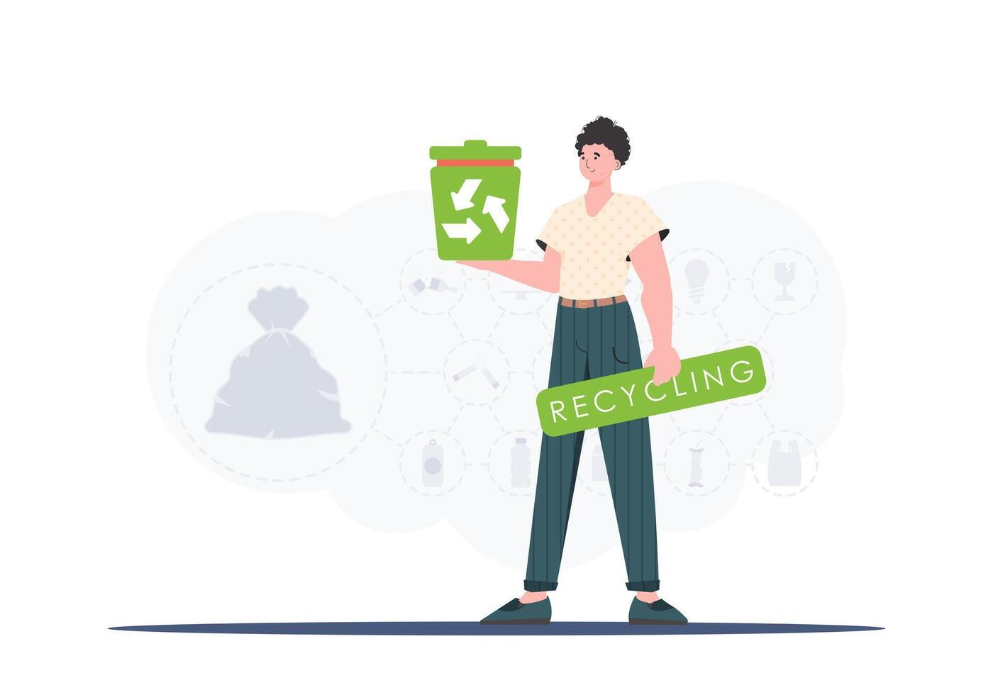 The concept of ecology and recycling. A man holds a trash can in his hands. illustration Flat trendy style. vector