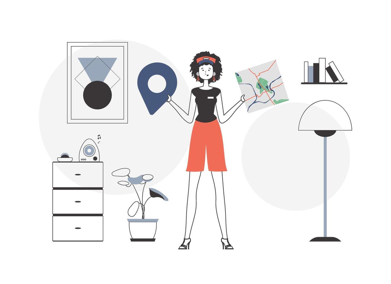 Girl with a map in her hands. Delivery concept. Linear modern style. vector
