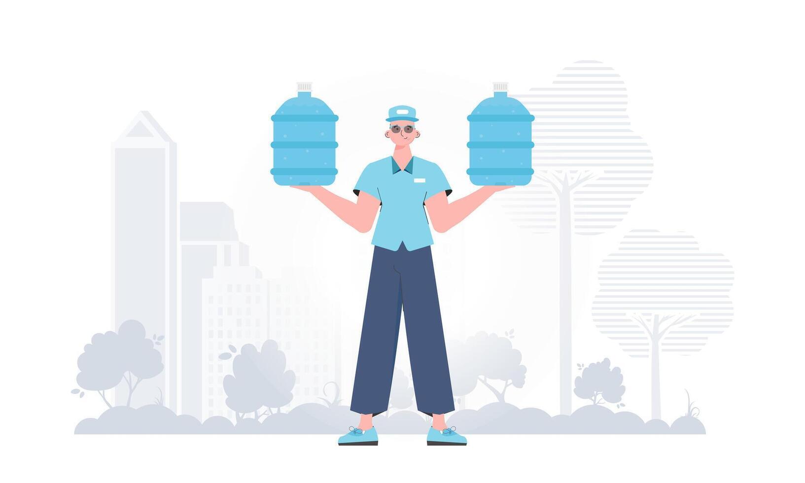 A man is holding a bottle of water. Delivery concept. The trendy character is depicted in full growth. . vector
