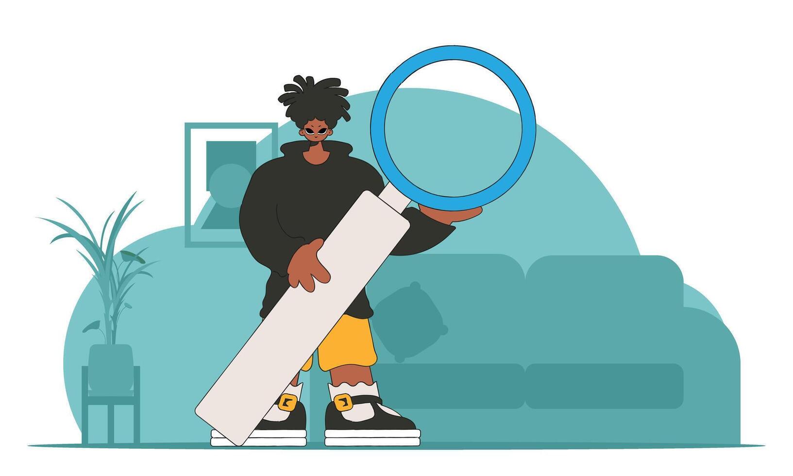 The concept of searching for information. The guy is holding a magnifying glass in his hands. Retro style character. vector