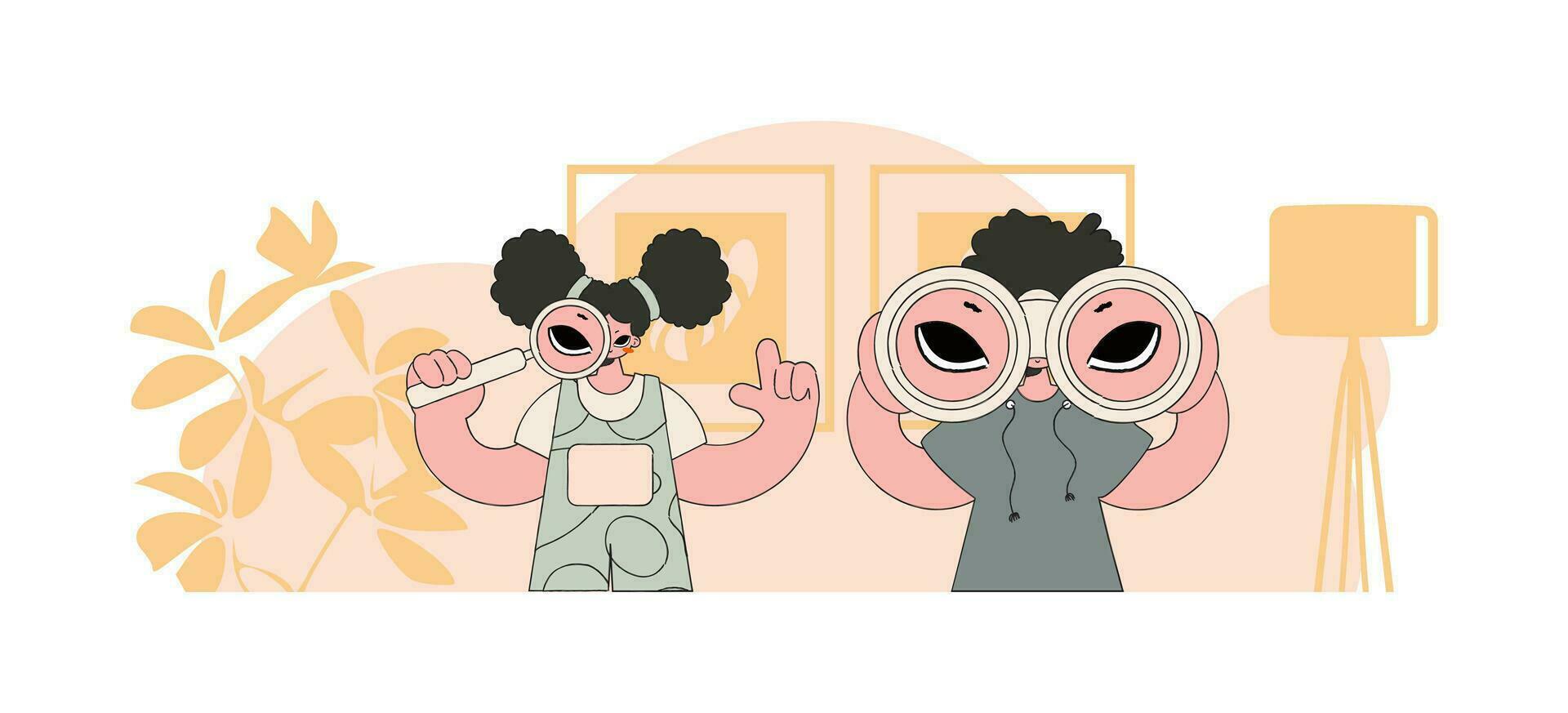 Attractive group of HR people are holding binoculars and magnifier in their hands. Company search for first-class employees. vector